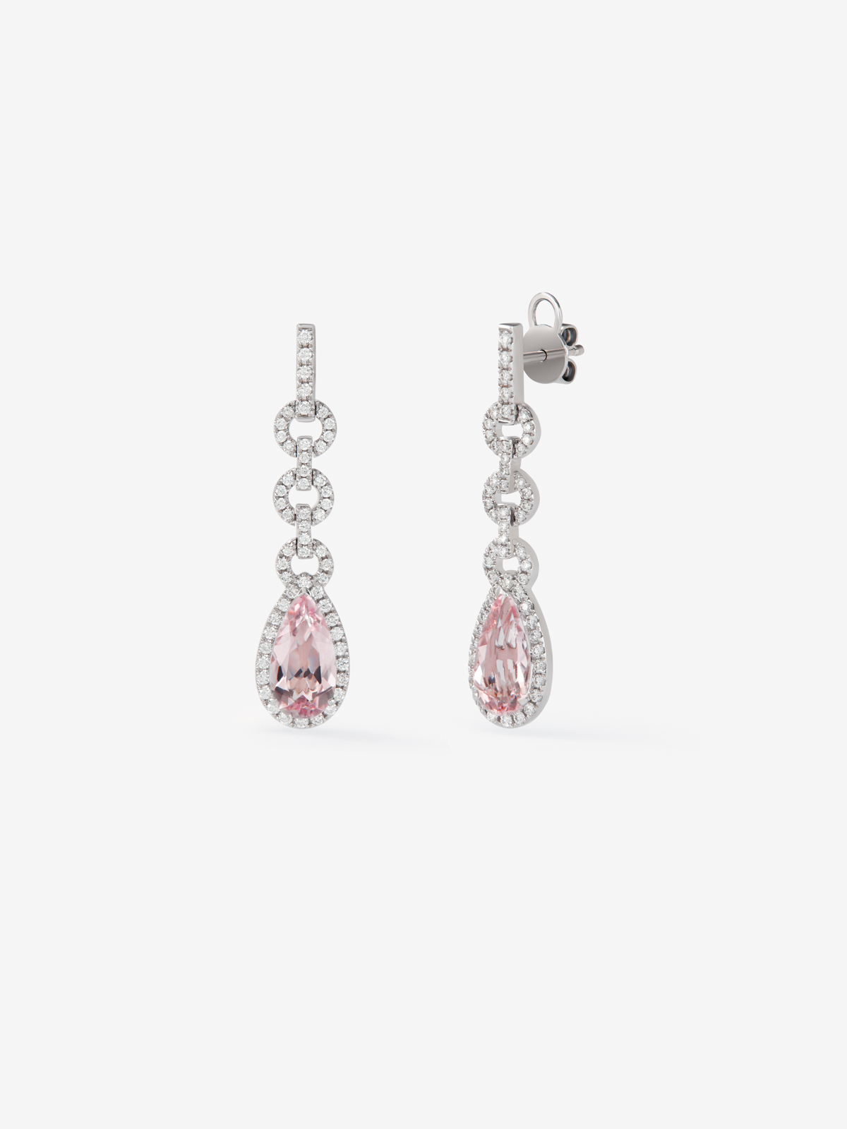 18K white gold earrings with 3 ct pear-cut morganites and 0.69 ct brilliant-cut diamonds