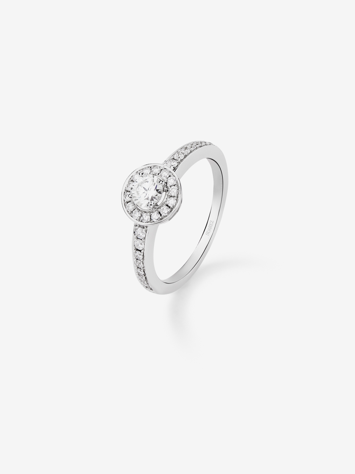 18K white gold solitaire engagement ring with a halo of diamonds