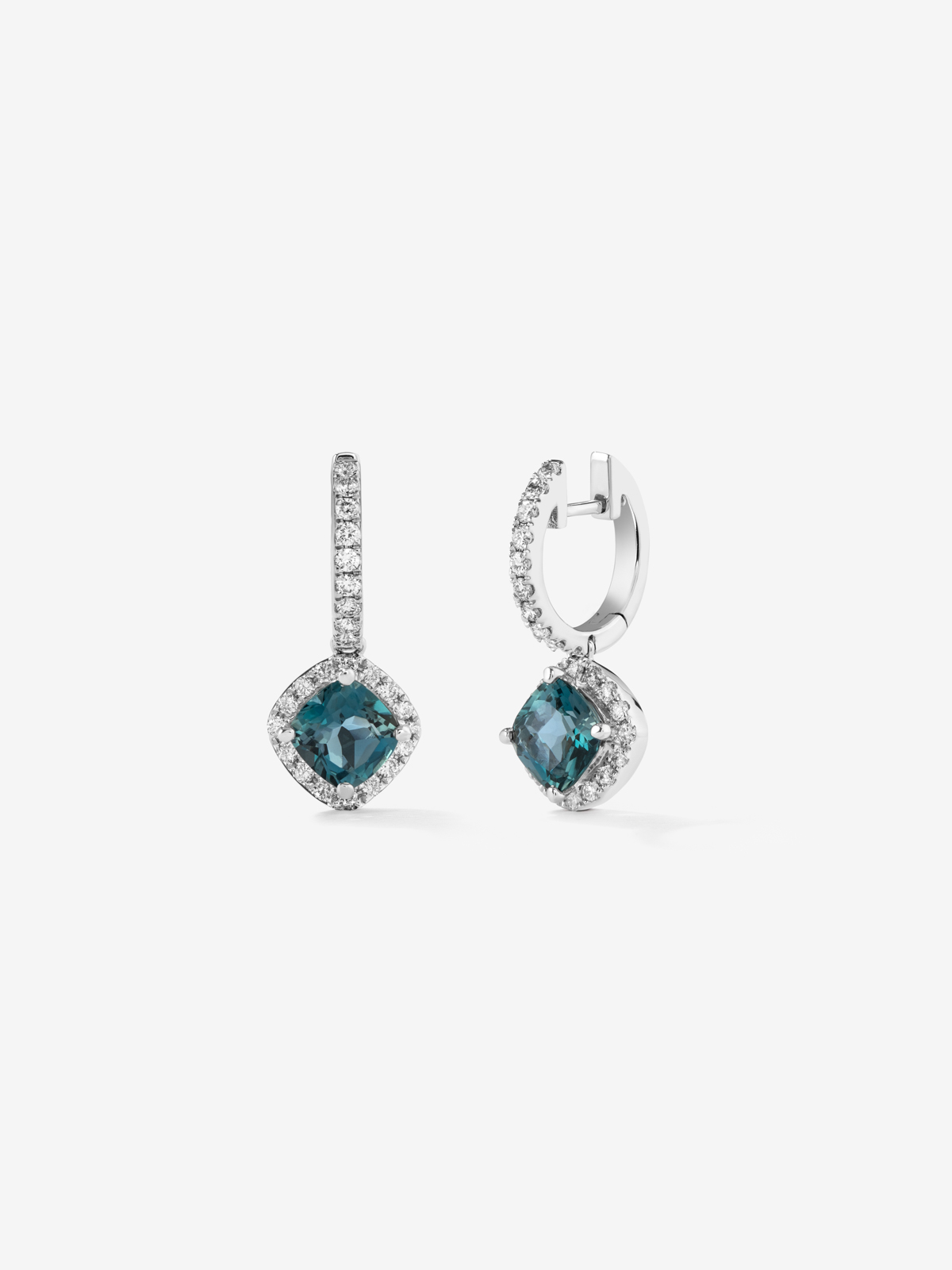 18kt white gold hoop earrings with London blue topaz stone of 1.08cts and diamonds.