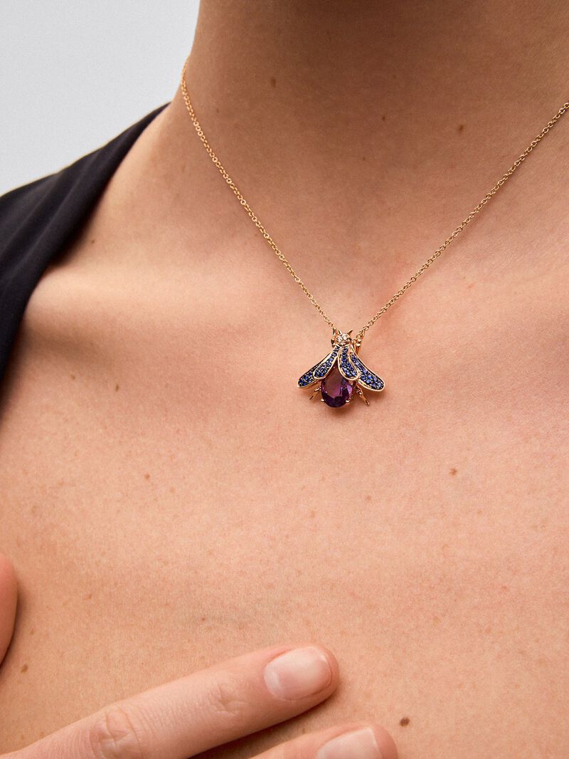 18K Rose Gold Insect Pendant Chain with Amethyst and Sapphire image number 1