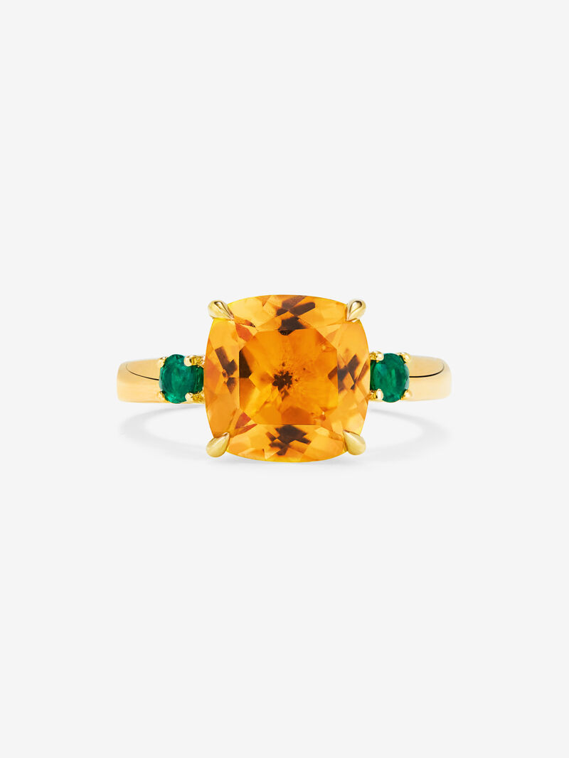 18k yellow golden ring with citrine quartz in 3.55 cts and green cushion size in bright 0.25 cts image number 2