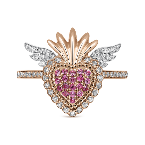 Anillo corazón de oro rosa de 18kt con zafiros rosas y diamantes, SO17014-OBORZRDDM_V