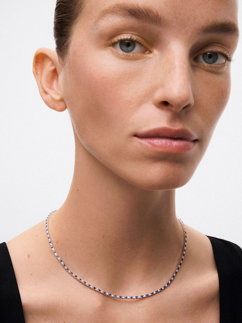 18K White Gold Rivière Collar with Diamonds and Blue Sapphires image number 0