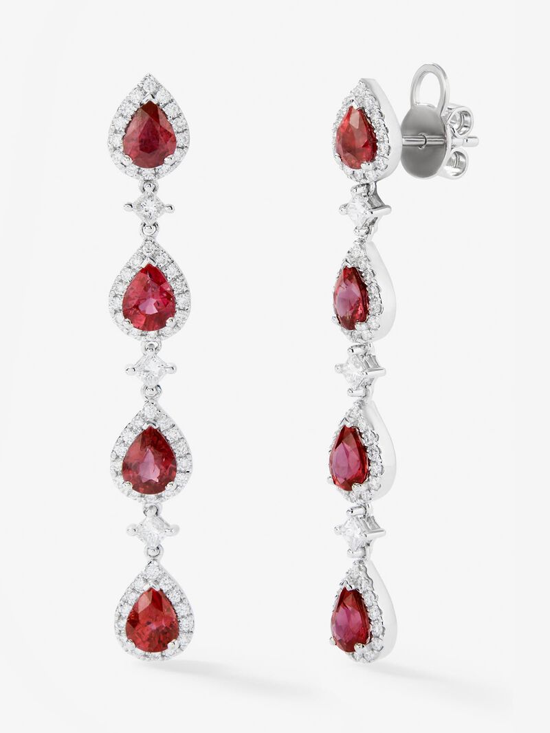 18k white gold earrings with red rubies in pear size 2.86 cts and white diamonds in bright size and 0.73 cts princess image number 0
