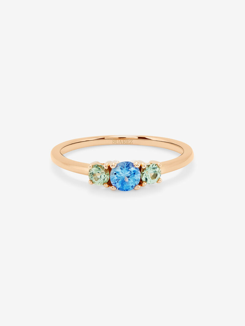 18K rose gold triple ring with blue sapphire and 2 green sapphires in brilliant cut with a total of 0.55 cts image number 2