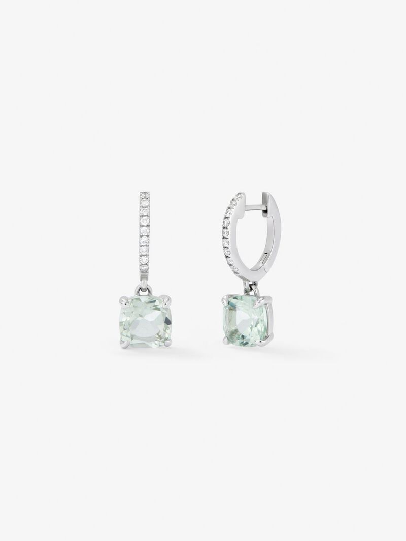 18K white gold hoop earrings with 2 green amethysts totaling 3.27 cts and 18 diamonds totaling 0.14 cts image number 0