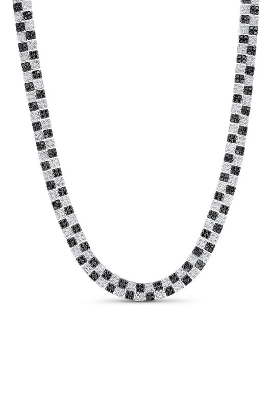 Collar de oro blanco de 18kt con motivos geométricos de diamantes negros y blancos, CO22009-OBDBDN_V