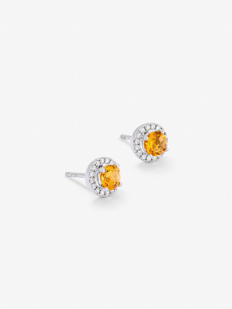 18K white gold button earrings with citrine and diamond. image number 2