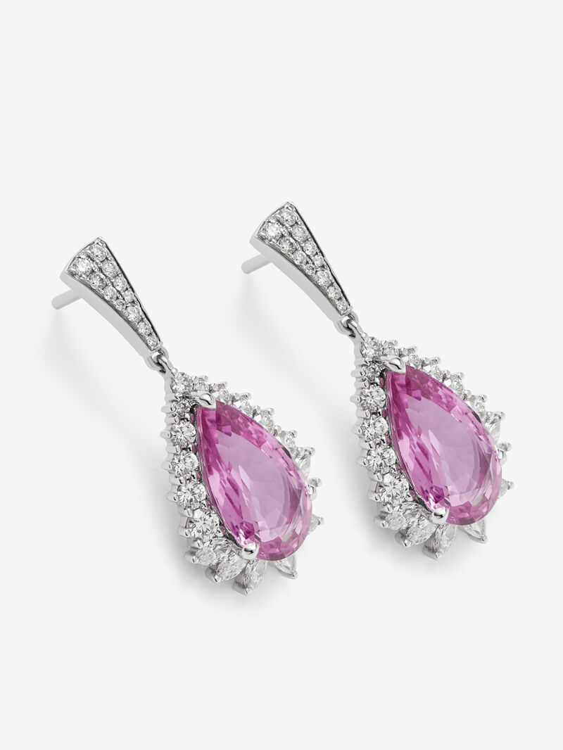 18kt white gold teardrop earrings with pear cut pink sapphires of 7.62 carats and diamonds. image number 2