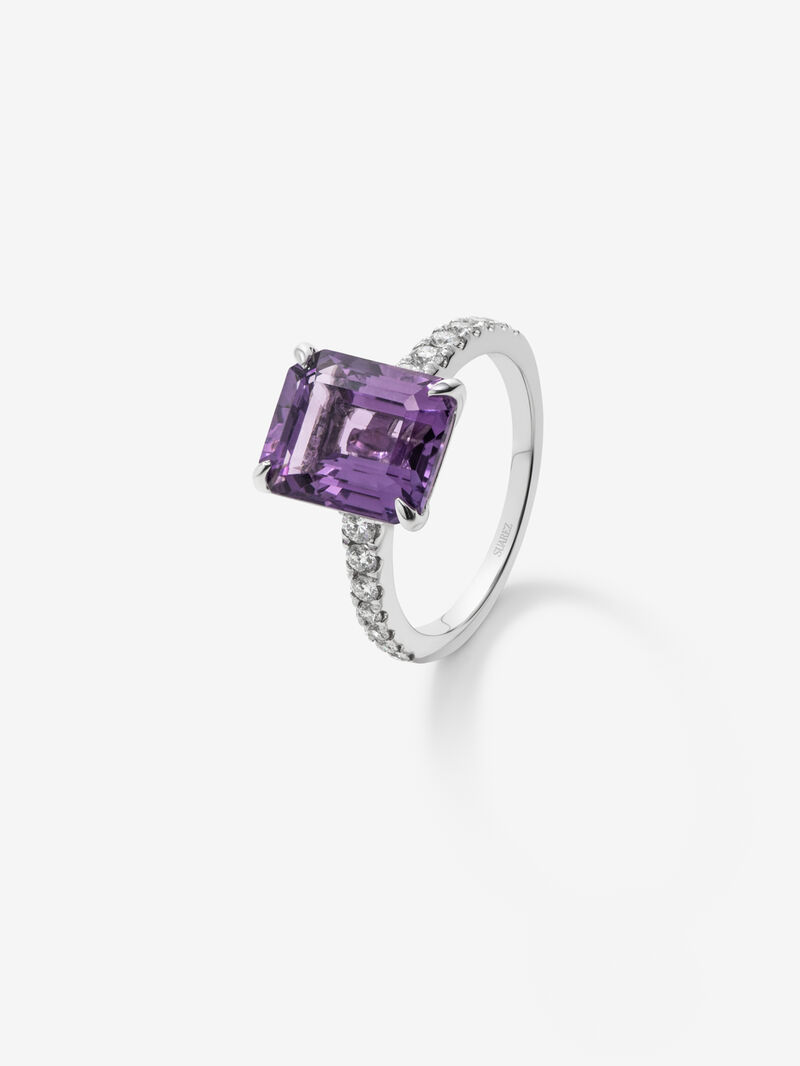 18K White Gold Ring with Purple Ameatist in Emerald Size 4.25 CTS and White Diamonds in Bright Size of 0.32 CTS image number 0