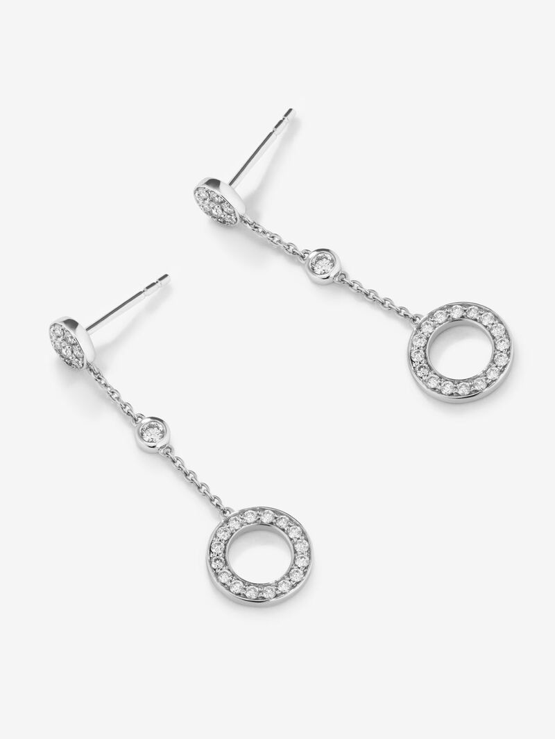 Long 18kt white gold chain earrings with circular diamond motifs. image number 2