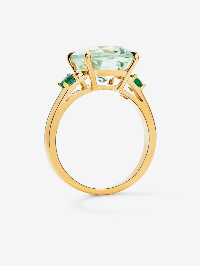 18K yellow gold triple ring with 3.95 ct cushion-cut green amethyst and 0.25 ct brilliant-cut green emeralds image number 4
