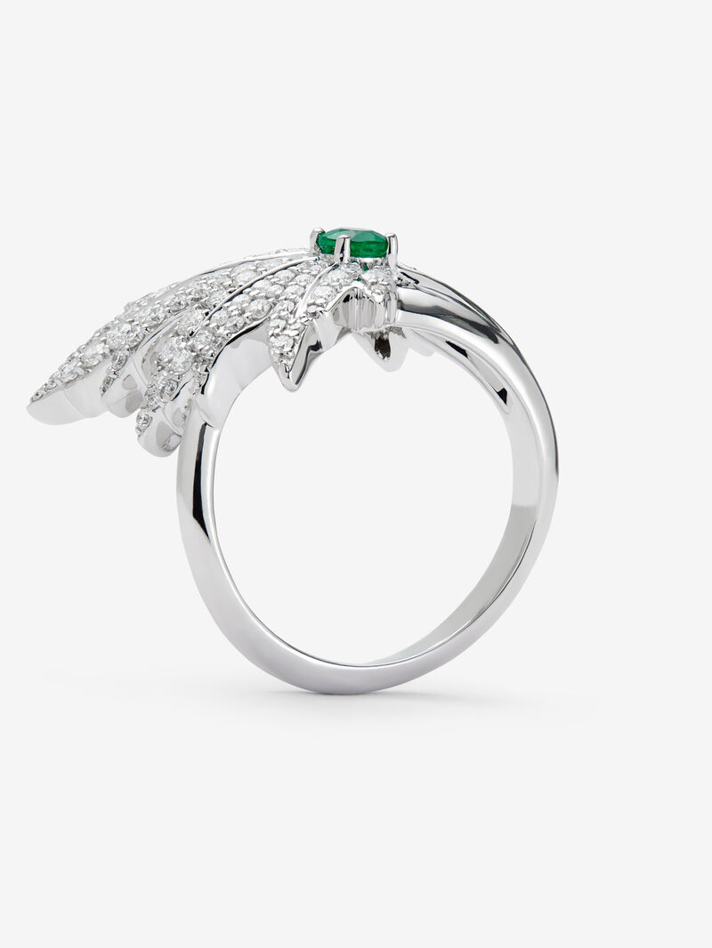 18K white gold ring with a 0.16 ct central emerald, diamond pavé, and a maple leaf design image number 4
