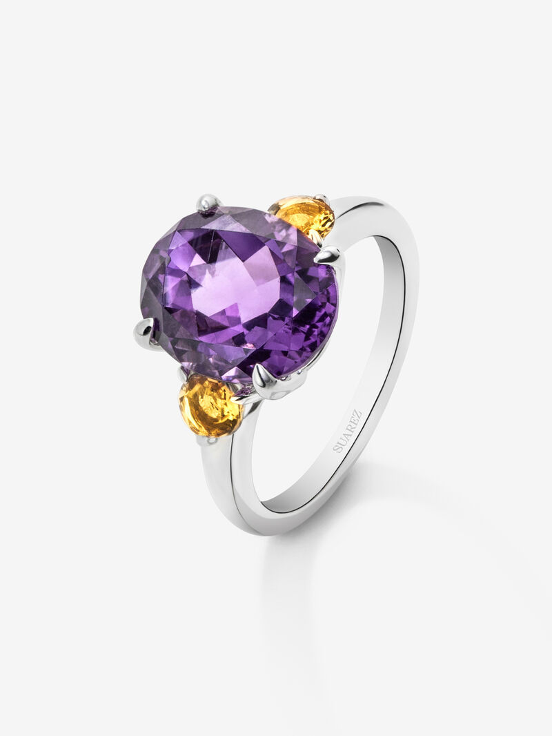 925 silver triple ring with oval-cut purple amethyst and 2 brilliant-cut citrine quartz image number 0