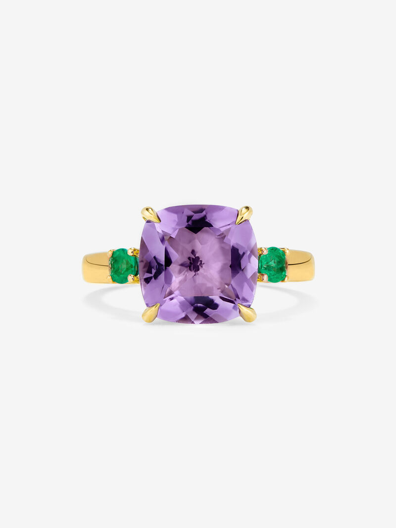 18K yellow gold triple ring with cushion-cut purple amethyst of 3.53 cts and 2 brilliant-cut green emeralds with a total of 0.19 cts image number 2