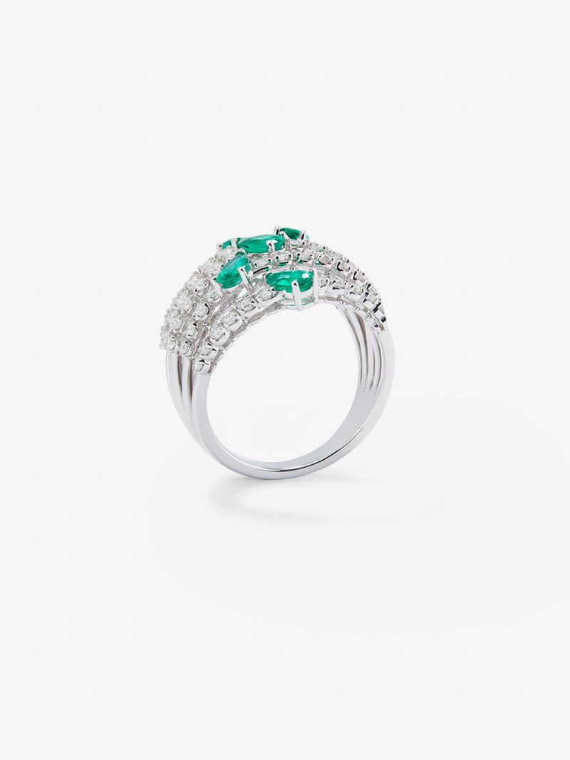 18K white gold ring with 60 brilliant-cut diamonds with a total of 1.02 cts and 5 pear-cut green emeralds with a total of 0.92 cts image number 4