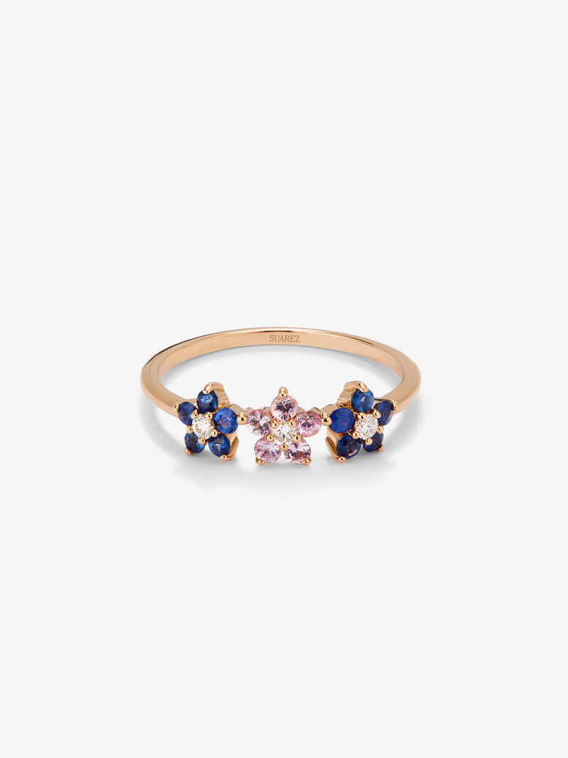 18kt rose gold flowers ring with diamond and sapphires image number 3