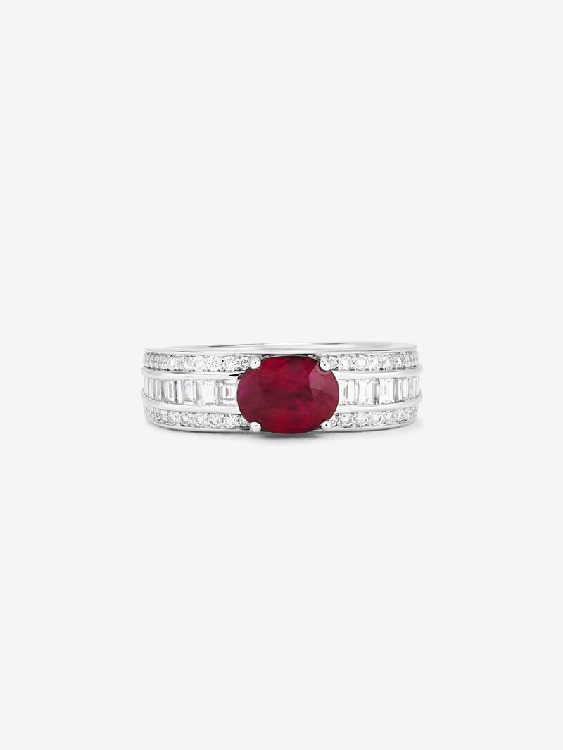 18K white gold ring with pigeon blood red ruby ​​in oval cut of 1.49 cts and 98 diamonds in baguette and brilliant cut with a total of 0.81 cts image number 2