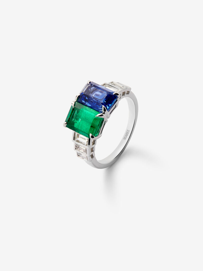 You and 18k white gold ring with blue sapphire in 2.82, green emerald in octagonal size 1.98 cts and white diamonds in 0.69 cts baggos image number 0