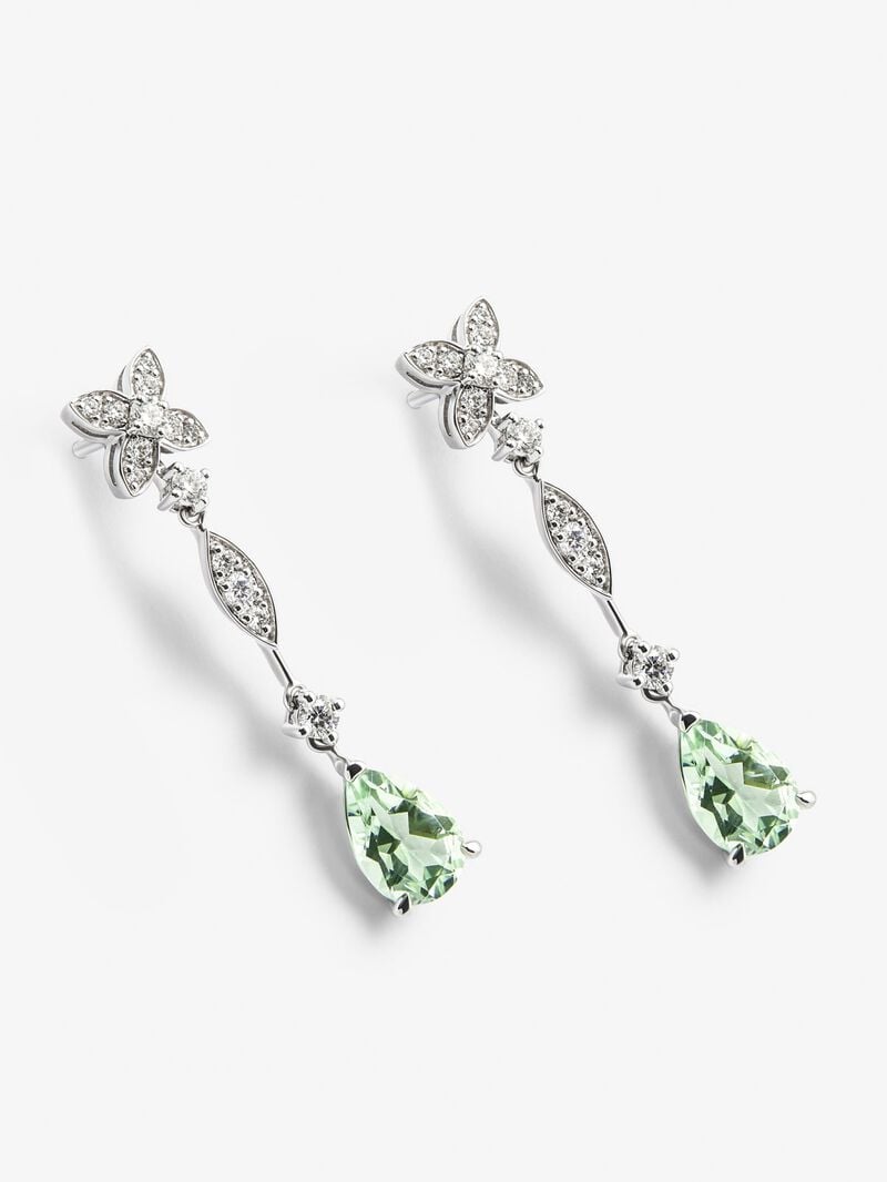 18K white gold earrings with 30 brilliant-cut diamonds with a total of 0.63 cts and 2 pear-cut green amethysts image number 2