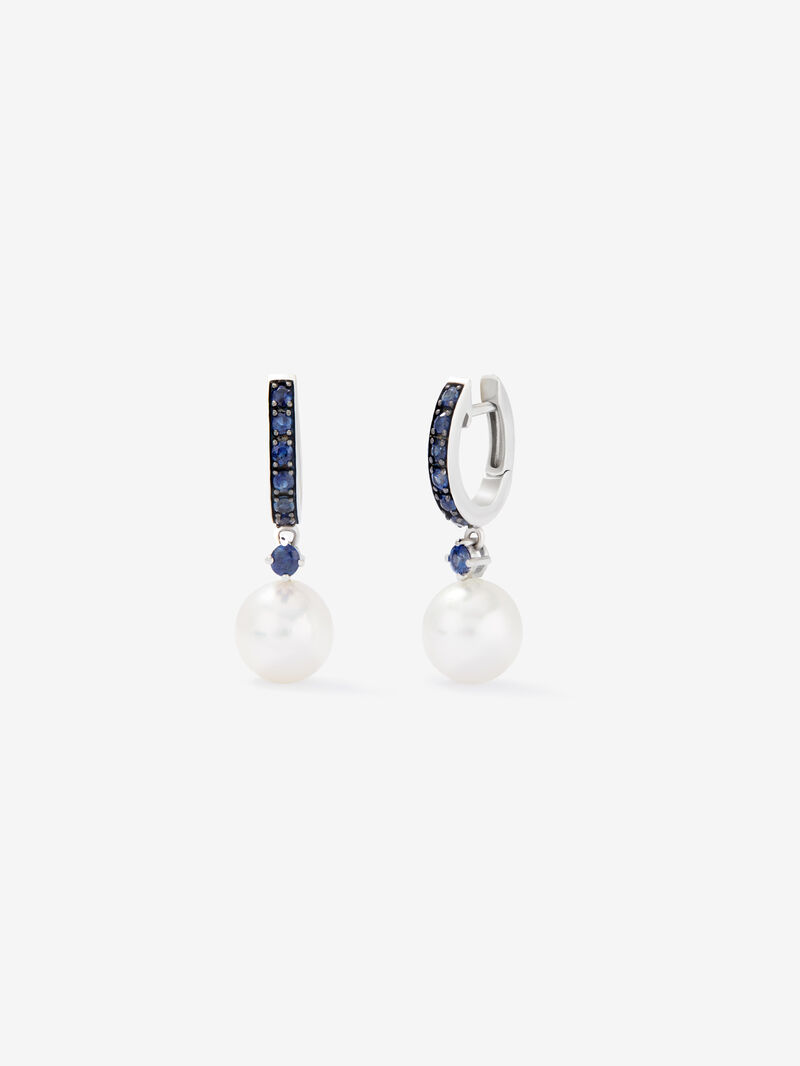 925 Silver hoop earring combined with 8.5 mm Akoya pearl and sapphire. image number 0
