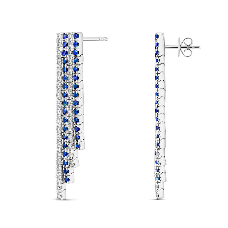 Pendientes largos hileras de oro blanco de 18kt con diamantes y zafiros azules, PE19212-OBDZ_V