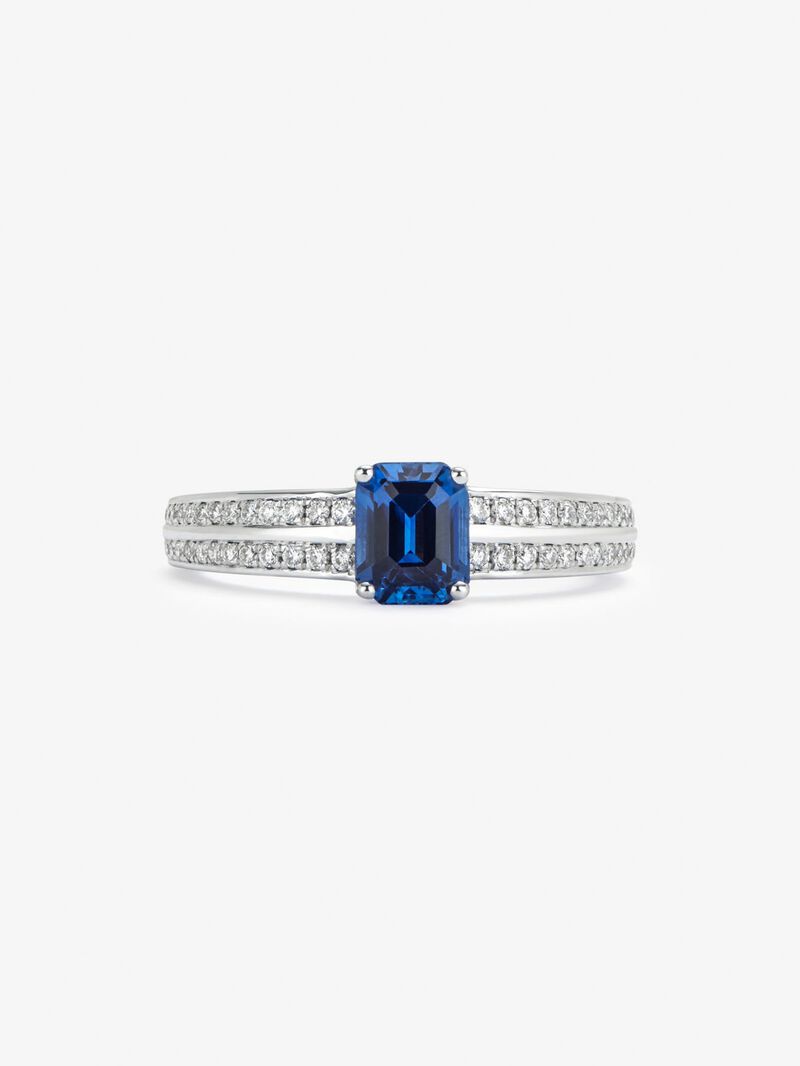 18K white gold ring with vivid blue sapphire in octagonal cut of 1.09 cts and 52 brilliant-cut diamonds with a total of 0.18 cts image number 1