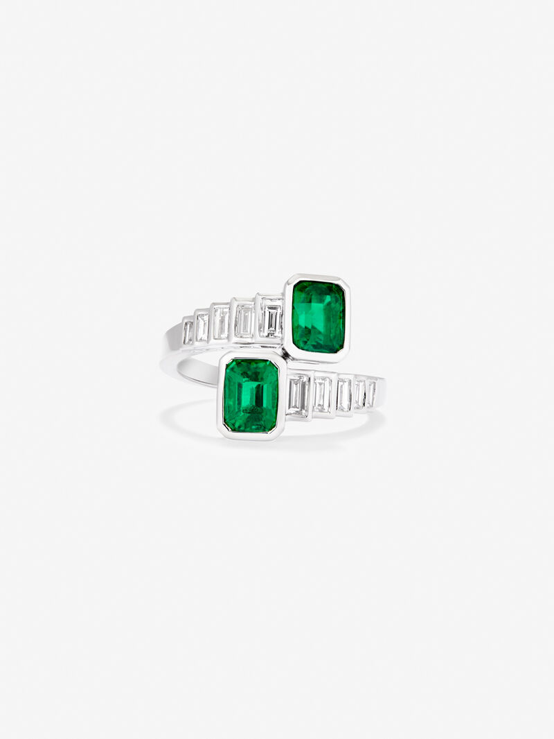 You and I 18k White Gold Ring with Green Emeralds in Octagonal Size 1.83 cts and White Diamonds in 0.57 CTS baggos image number 2