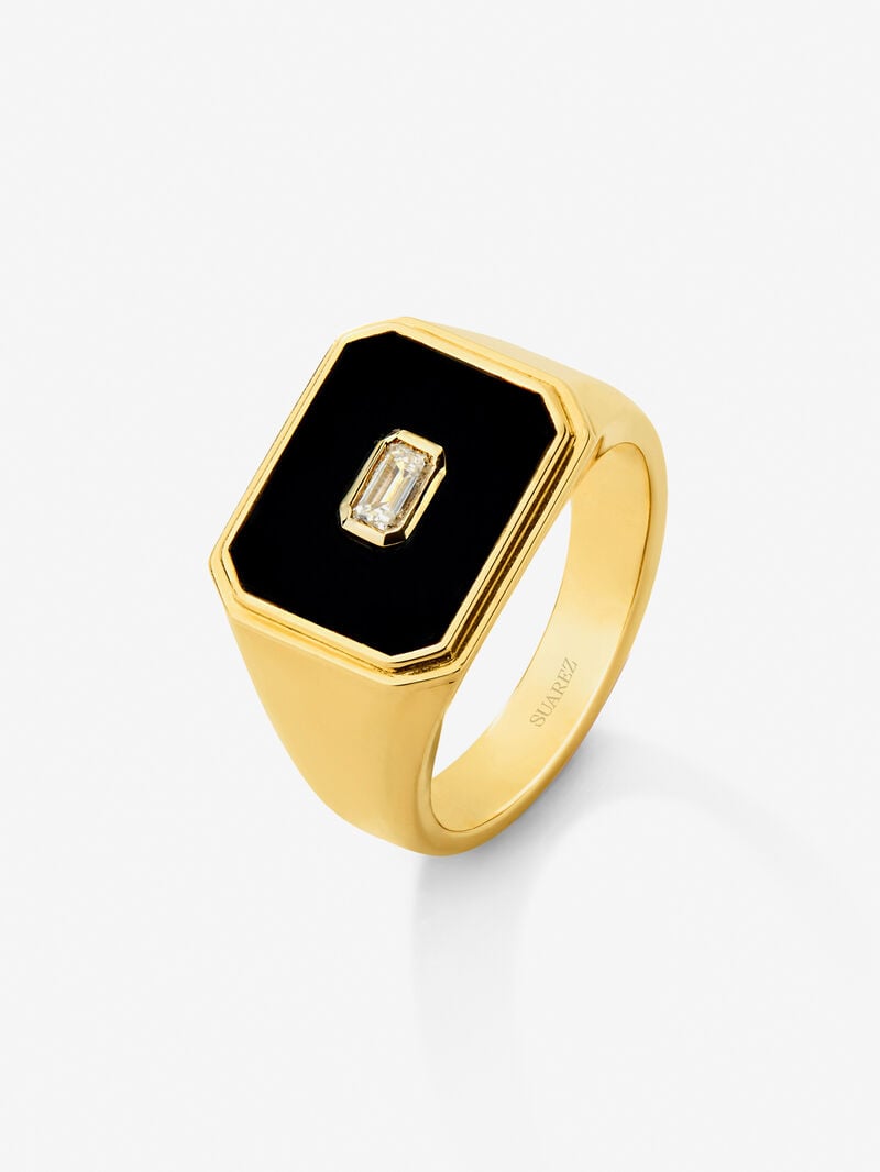 18K Yellow Gold Large Signet Ring with Black Onyx and 0.17 cts Diamond image number 0