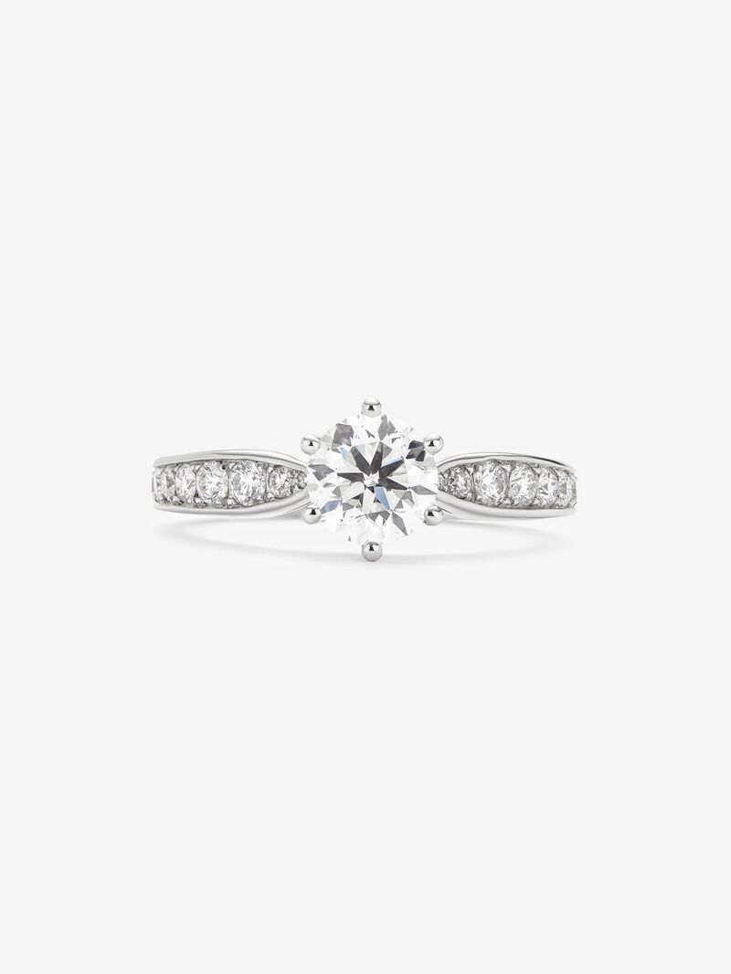 Solitaire ring in 18K white gold with a 1-carat brilliant-cut central diamond and additional diamonds totaling 0.38 cts image number 2