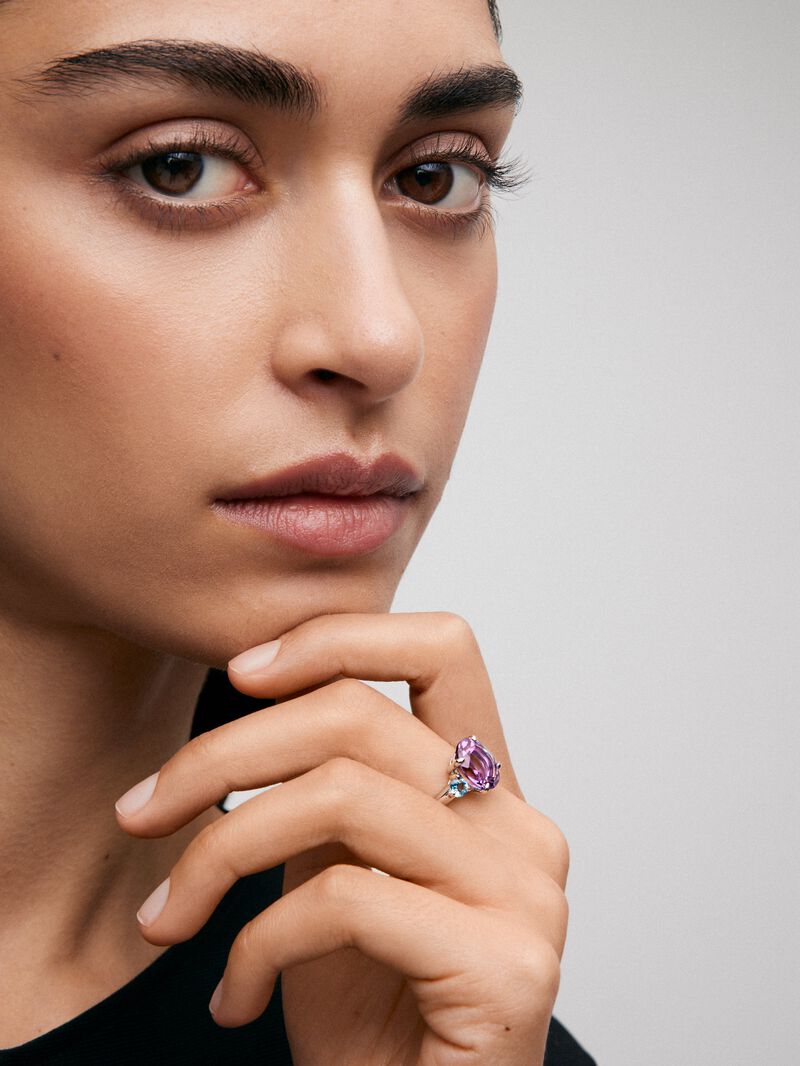 925 silver triple ring with oval-cut purple amethyst and 2 brilliant-cut Swiss blue topazes image number 1