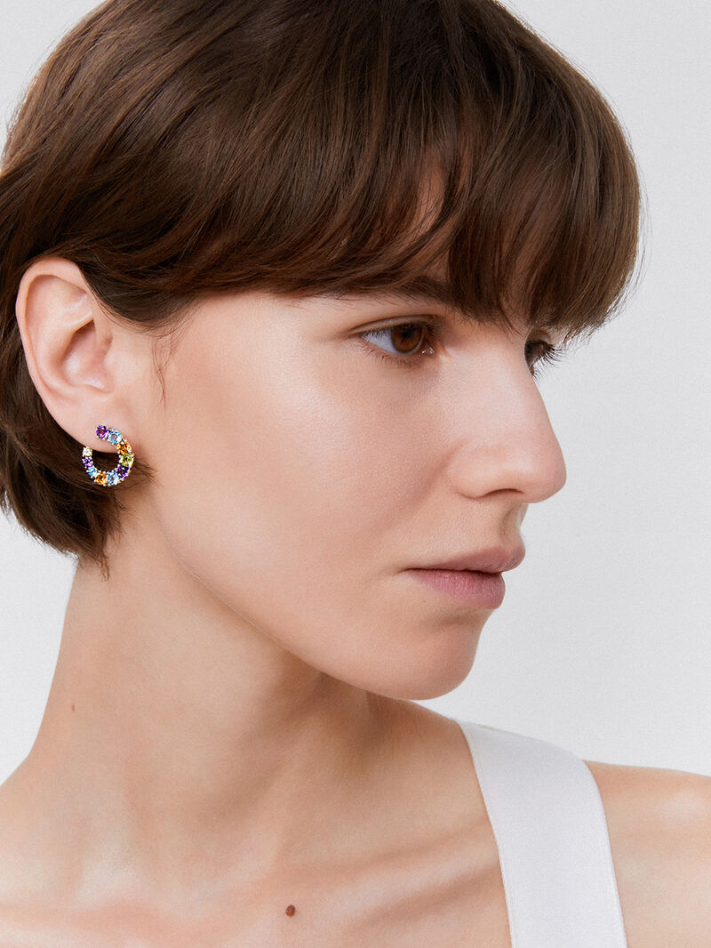 925 Silver open hoop earrings with multicolor gems image number 3