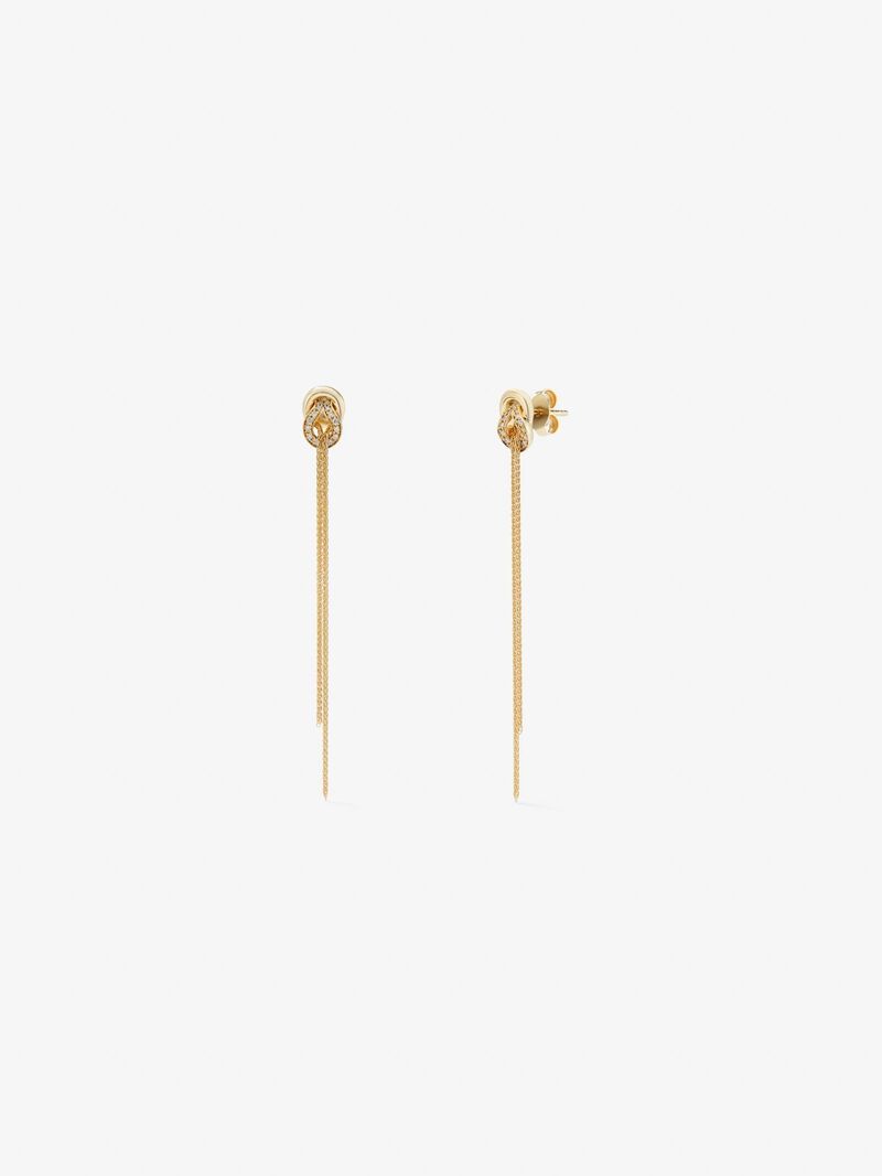 Long yellow 18k gold earrings with white diamonds of 0.5 cts and knot shape image number 0