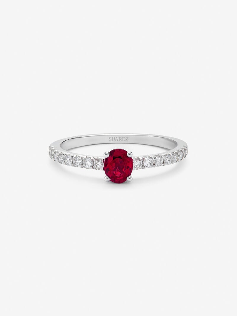 18K White Gold Ring with Red Ruby in 0.55 cts oval size and white 0.1 cts bright diamonds image number 2
