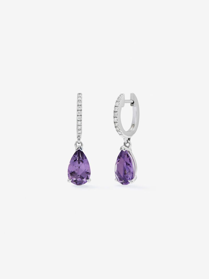 18K White Gold Hoop Earrings with Amethyst and Diamond Pendant image number 0