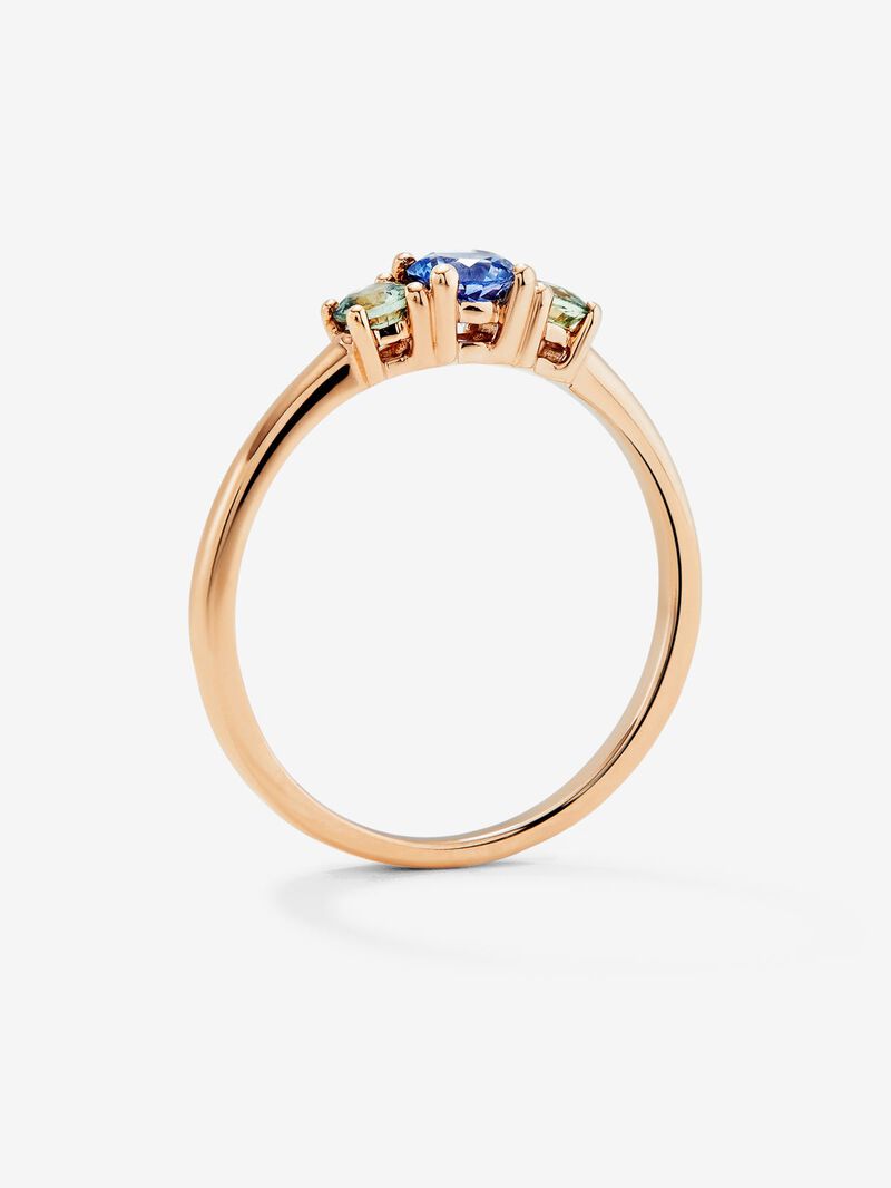 18K rose gold triple ring with blue sapphire and 2 green sapphires in brilliant cut with a total of 0.55 cts image number 3