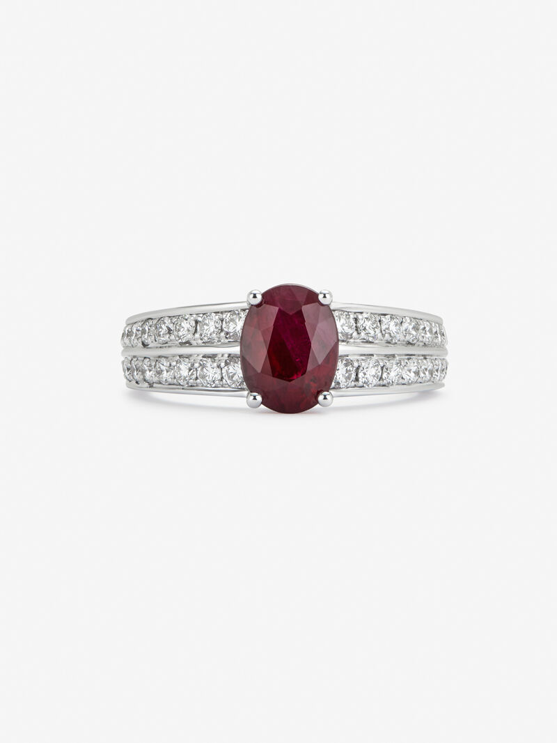 18K white gold ring with oval cut ruby ​​of 0.52 cts and 52 brilliant cut diamonds with a total of 0.19 cts image number 2