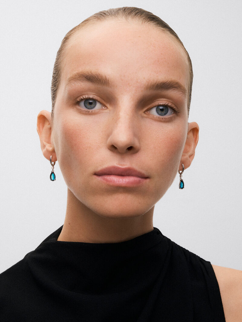 925 Silver hoop earrings with topaz and hanging diamond. image number 1