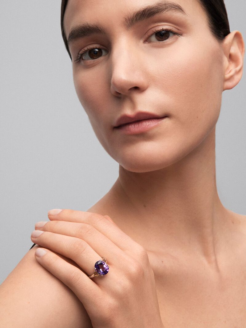 925 silver triple ring with oval-cut purple amethyst and 2 brilliant-cut citrine quartz image number 1