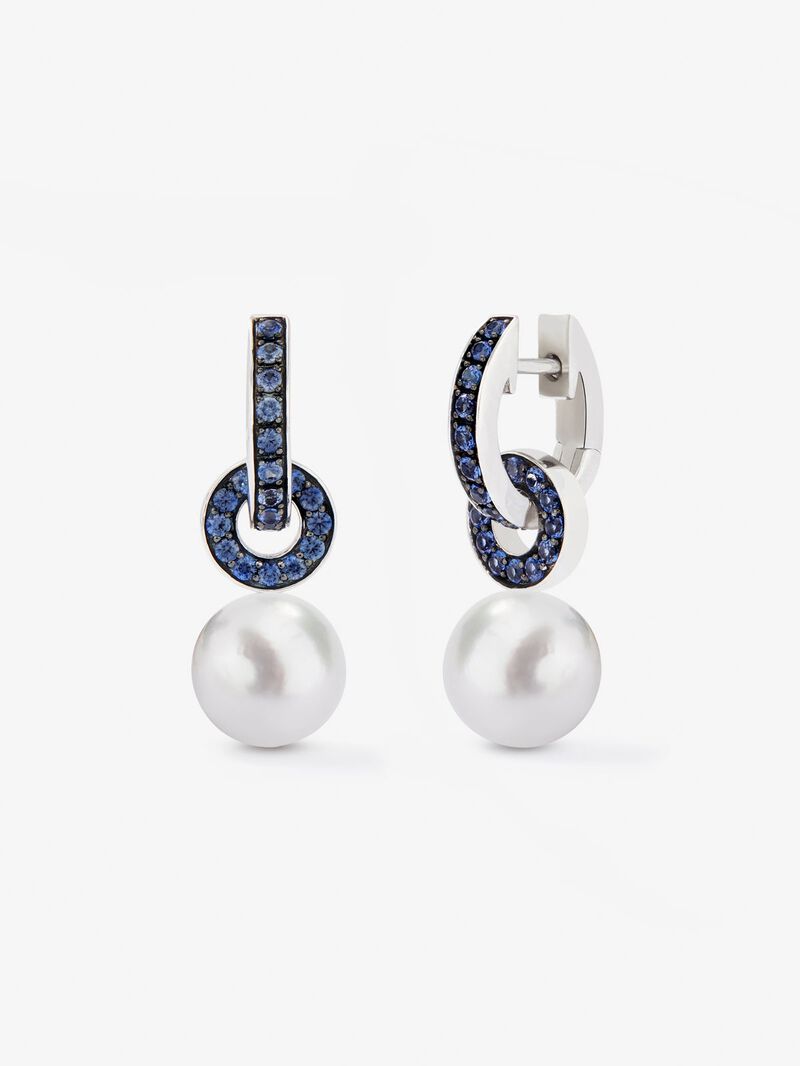 925 Silver double hoop earring combined with a 9mm Akoya pearl and sapphire. image number 0