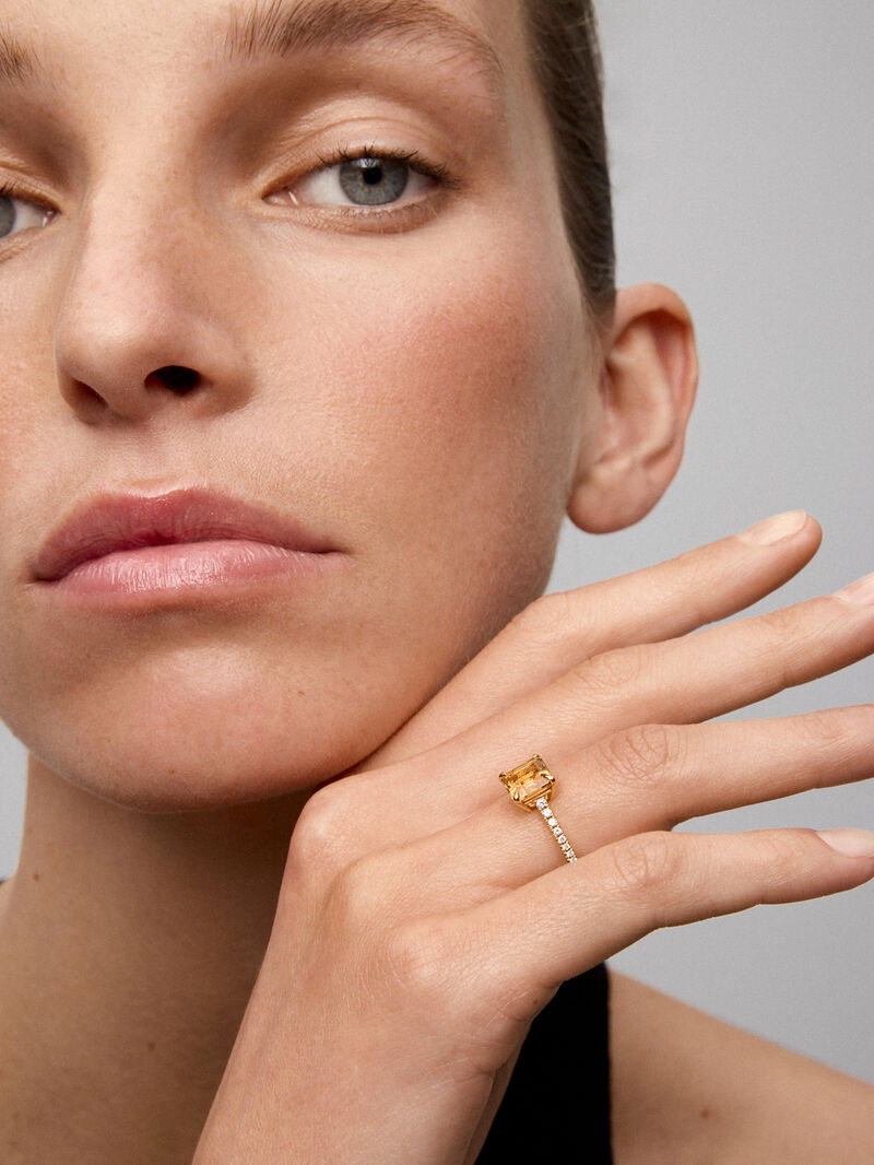 18K yellow gold ring with radiant cut citrine quartz of 1.2 cts and 18 brilliant cut diamonds with a total of 0.18 cts image number 3