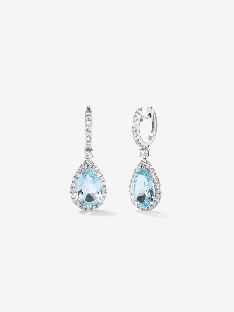 18K white gold hoop earrings with aquamarine and diamond pendant. image number 0