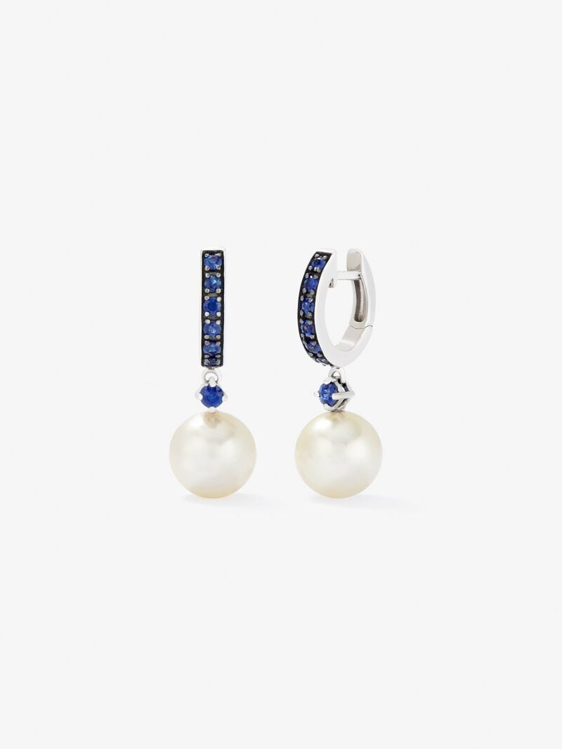 925 Silver hoop earring combined with 8.5 mm Australian pearl and sapphire. image number 0