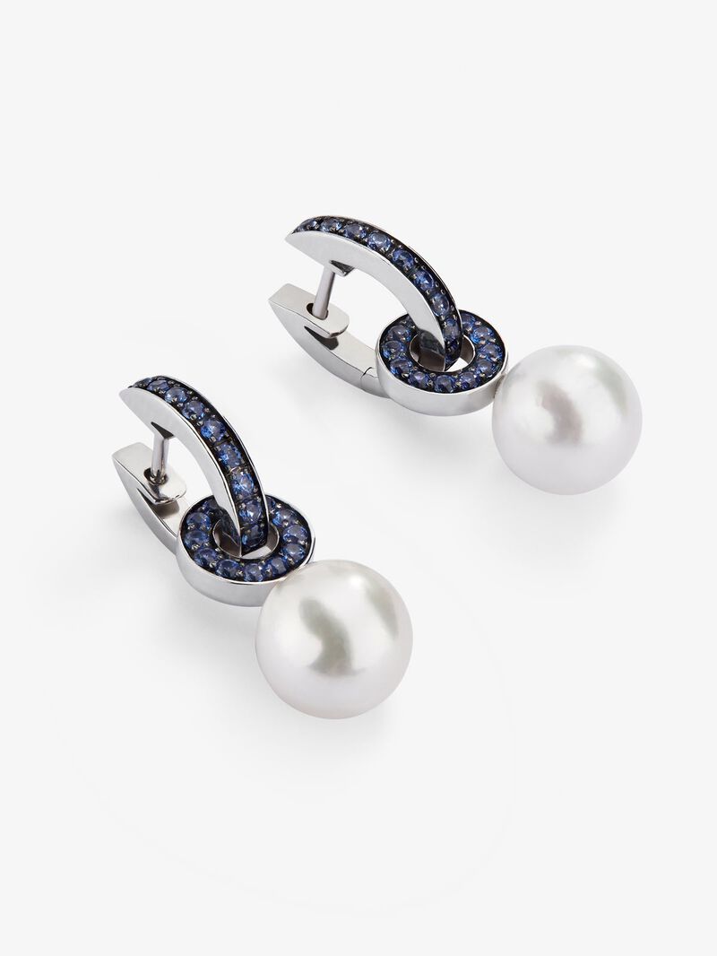 925 Silver double hoop earring combined with a 9mm Akoya pearl and sapphire. image number 2