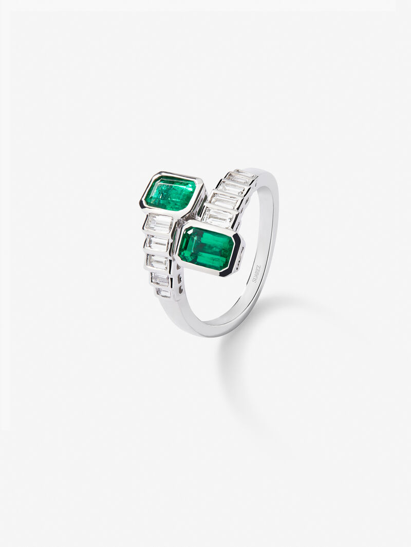 You and I 18k White Gold Ring with green emeralds in octagonal size 1.64 cts and white baggos diamonds of 0.57 cts image number 1