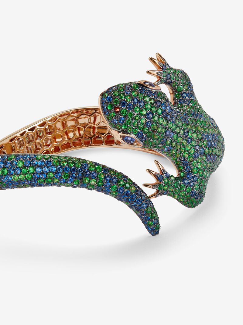18K rose gold bracelet shaped by salamandra, with green tsavors 7.69 cts and blue sapphires 5.88 cts image number 4