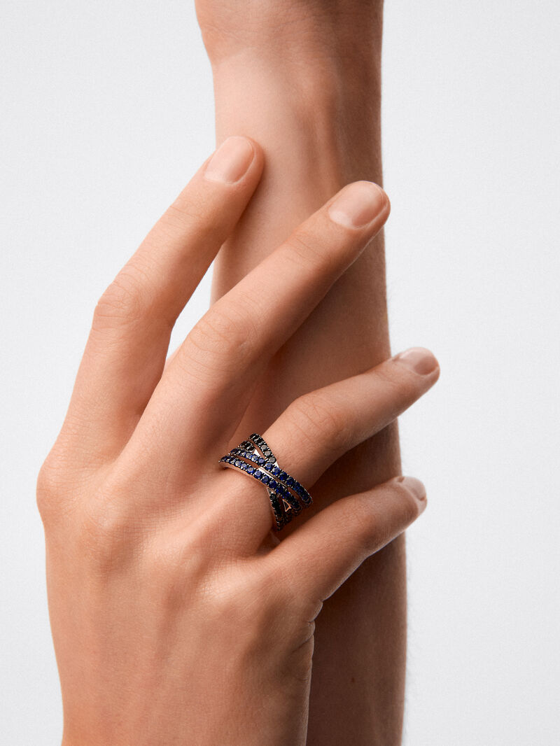 925 silver double arm cross ring with 36 brilliant-cut blue sapphires with a total of 1.26 cts and 22 black spinels with a total of 0.63 cts image number 3