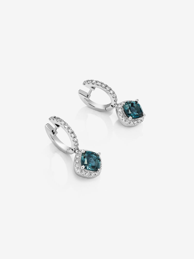 18kt white gold hoop earrings with London blue topaz stone of 1.08cts and diamonds. image number 2