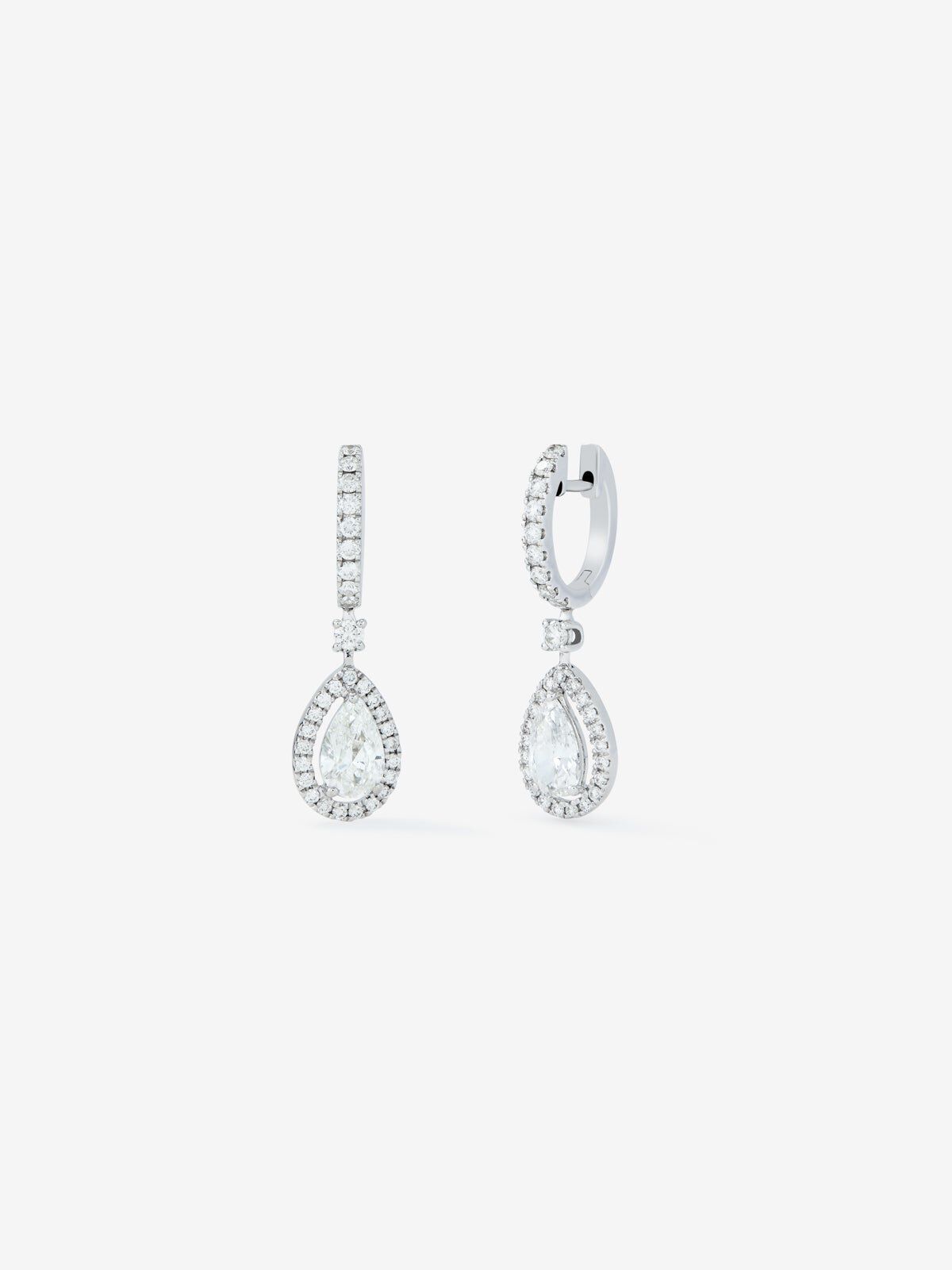 18K white gold hoop earrings with 48 brilliant cut diamonds with a total of 0.4 cts and 2 pear cut diamonds with a total of 0.3 cts Suarez