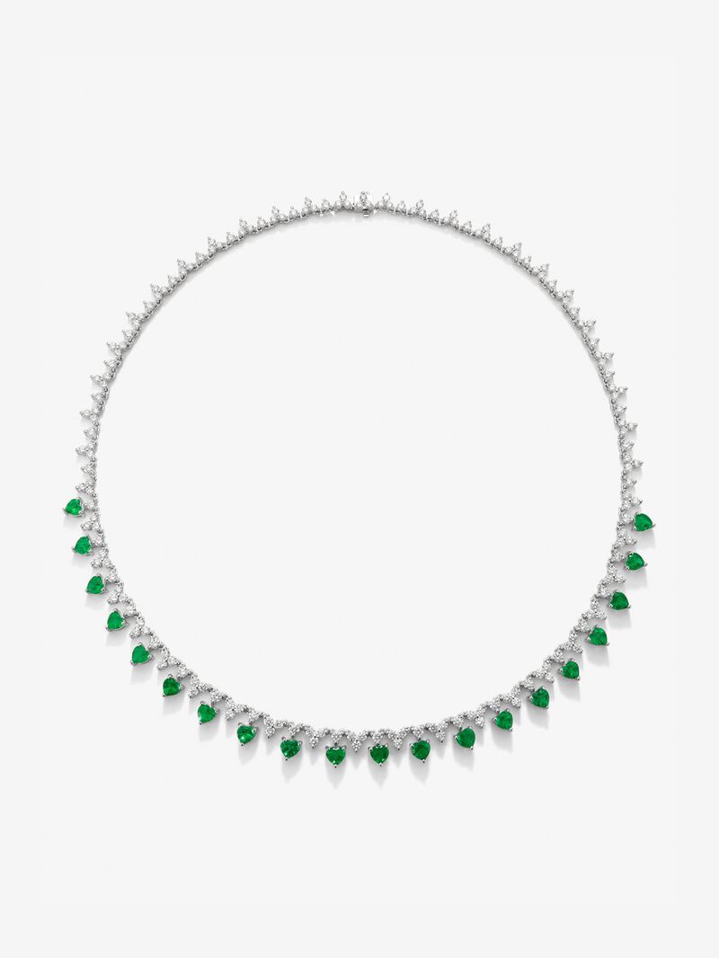 18K White Gold Rivière Necklace with green emeralds in the heart size of 4.42 cts and white diamonds in 6.76 cts bright size image number 0